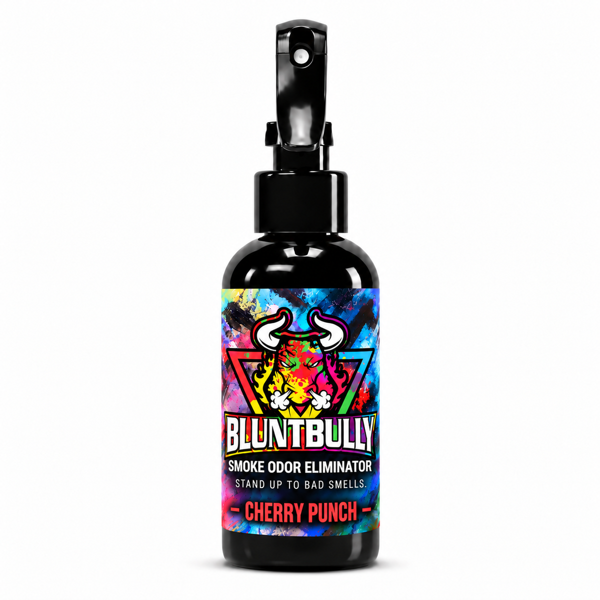 Blunt Bully Cherry Punch Smoke Odor Eliminator Spray, 4 oz black spray bottle with matching scent label on white background