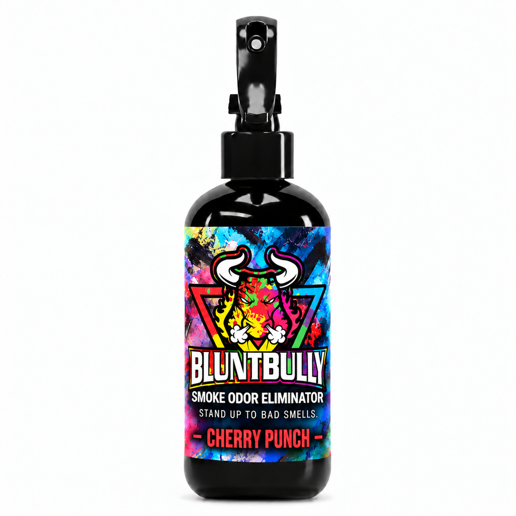 Blunt Bully Cherry Punch Smoke Odor Eliminator Spray, 8 oz black spray bottle with matching scent label on white background
