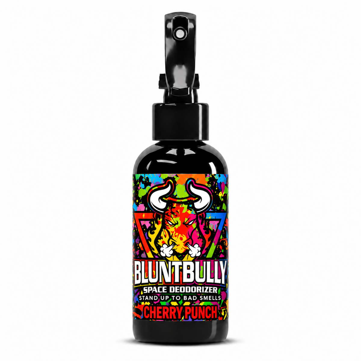 Blunt Bully Cherry Punch Space Deodorizer Spray, 4 oz black trigger spray bottle on a white background