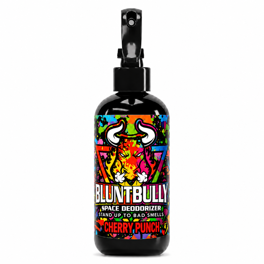 Blunt Bully Cherry Punch Space Deodorizer Spray, 8 oz black trigger spray bottle on a white background