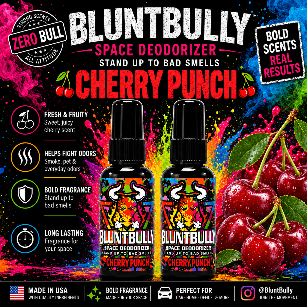 Blunt Bully Cherry Punch Space Deodorizer flavor card with two bottles, red cherries, scent details and fragrance features
