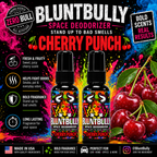 Blunt Bully Cherry Punch Space Deodorizer flavor card with two bottles, red cherries, scent details and fragrance features