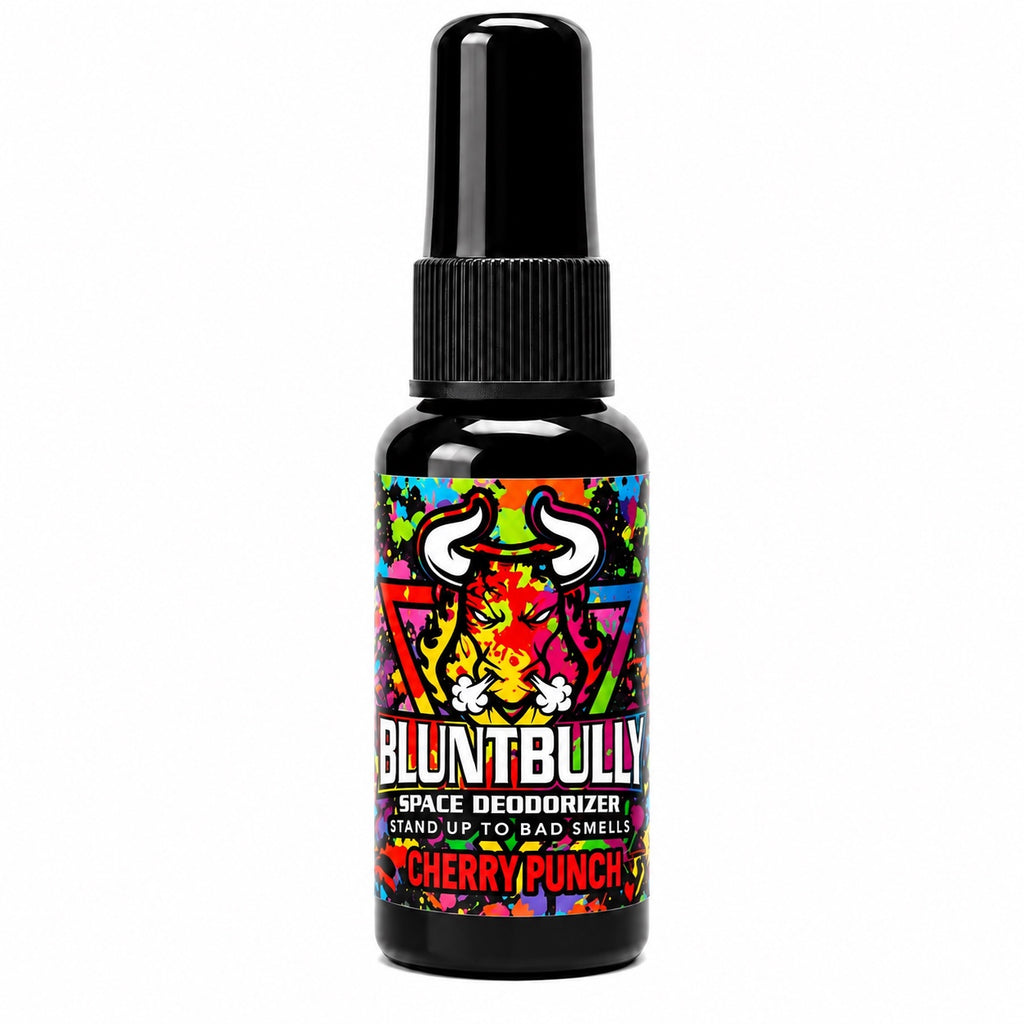 Blunt Bully Cherry Punch Space Deodorizer Spray, small black bottle with red scent lettering on a white background