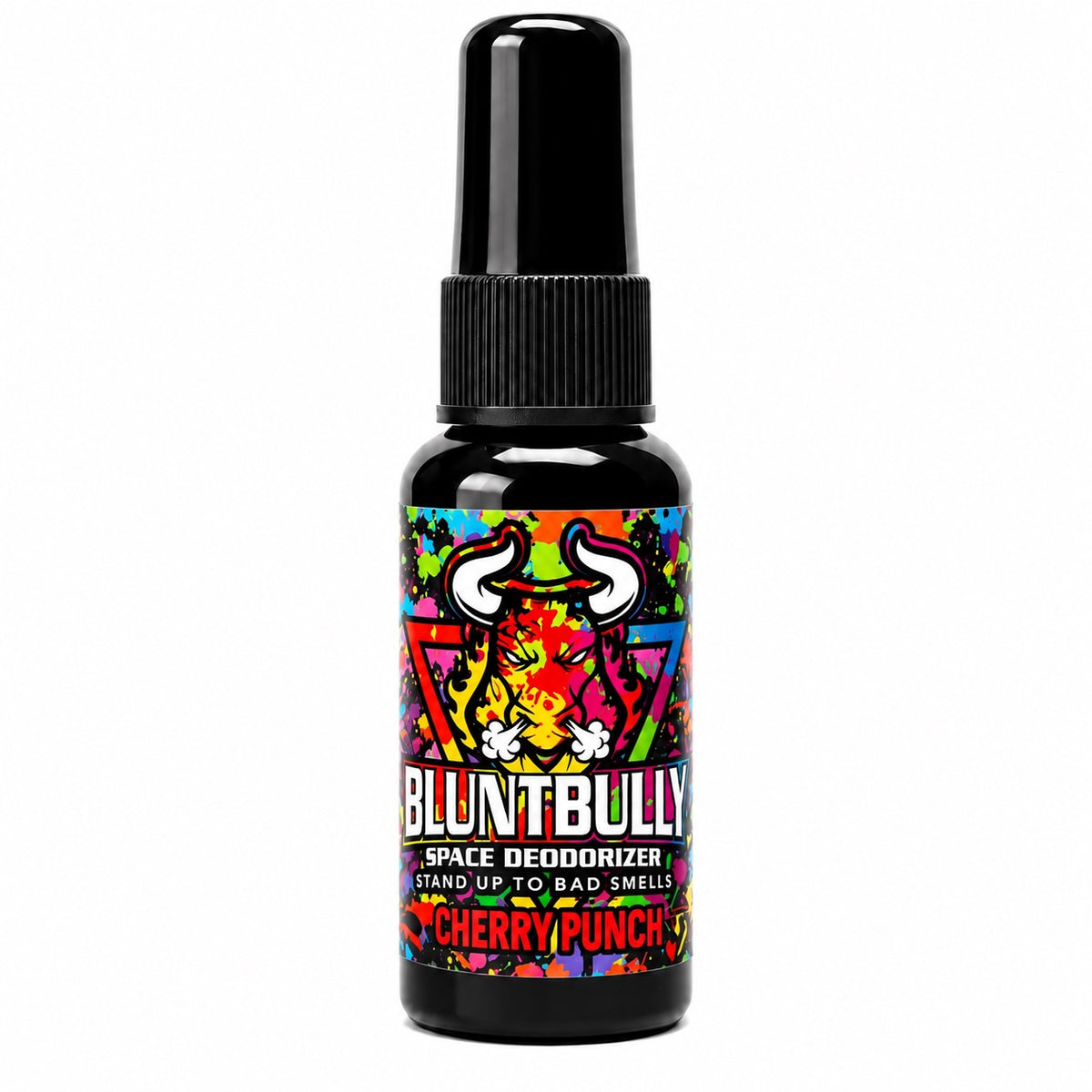 Blunt Bully Cherry Punch Space Deodorizer Spray, small black bottle with red scent lettering on a white background