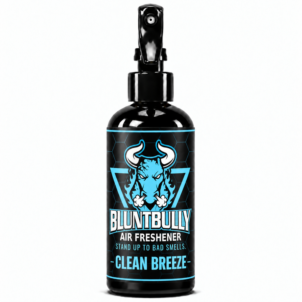 Blunt Bully Clean Breeze Air Freshener Spray, 8 oz black trigger spray bottle with matching scent label
