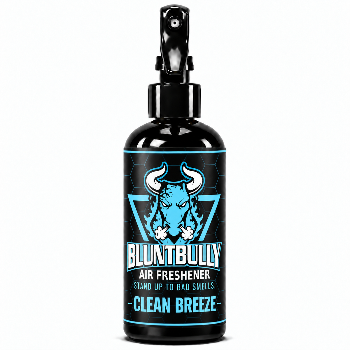 Blunt Bully Clean Breeze Air Freshener Spray, 8 oz black trigger spray bottle with matching scent label