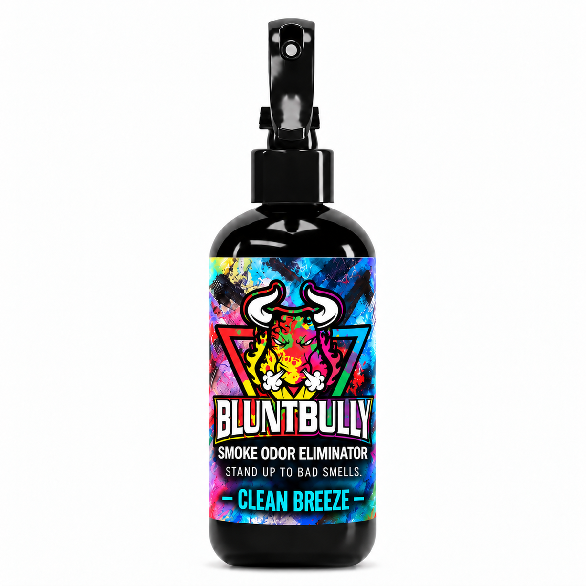 Blunt Bully Clean Breeze Smoke Odor Eliminator Spray, 8 oz black spray bottle with matching scent label on white background