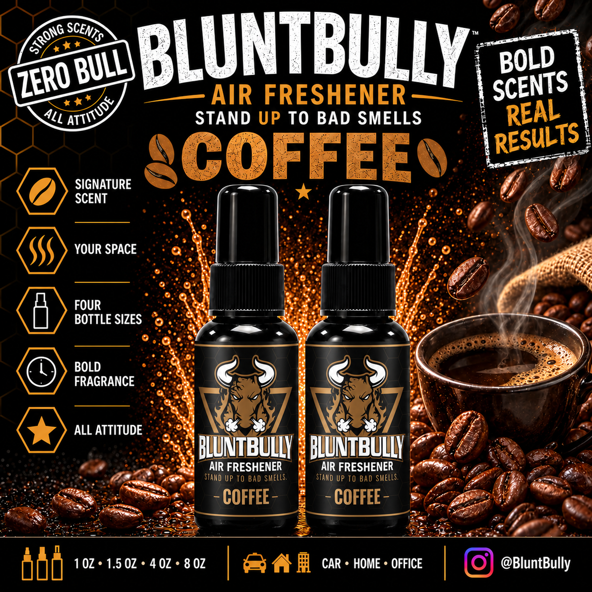 BluntBully Coffee air freshener illustrated scent card with individual scent label on the bottles