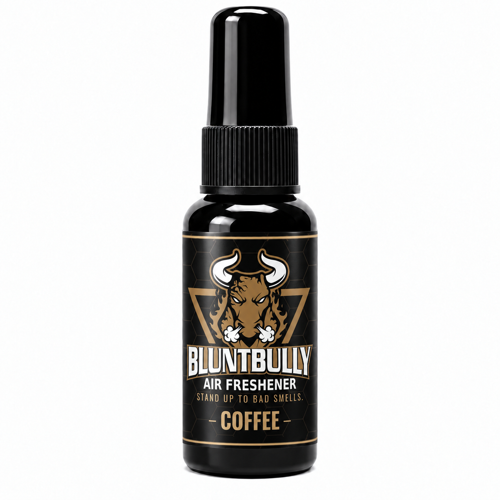 BluntBully Coffee air freshener 1 oz and 1.5 oz black spray bottle with individual scent label