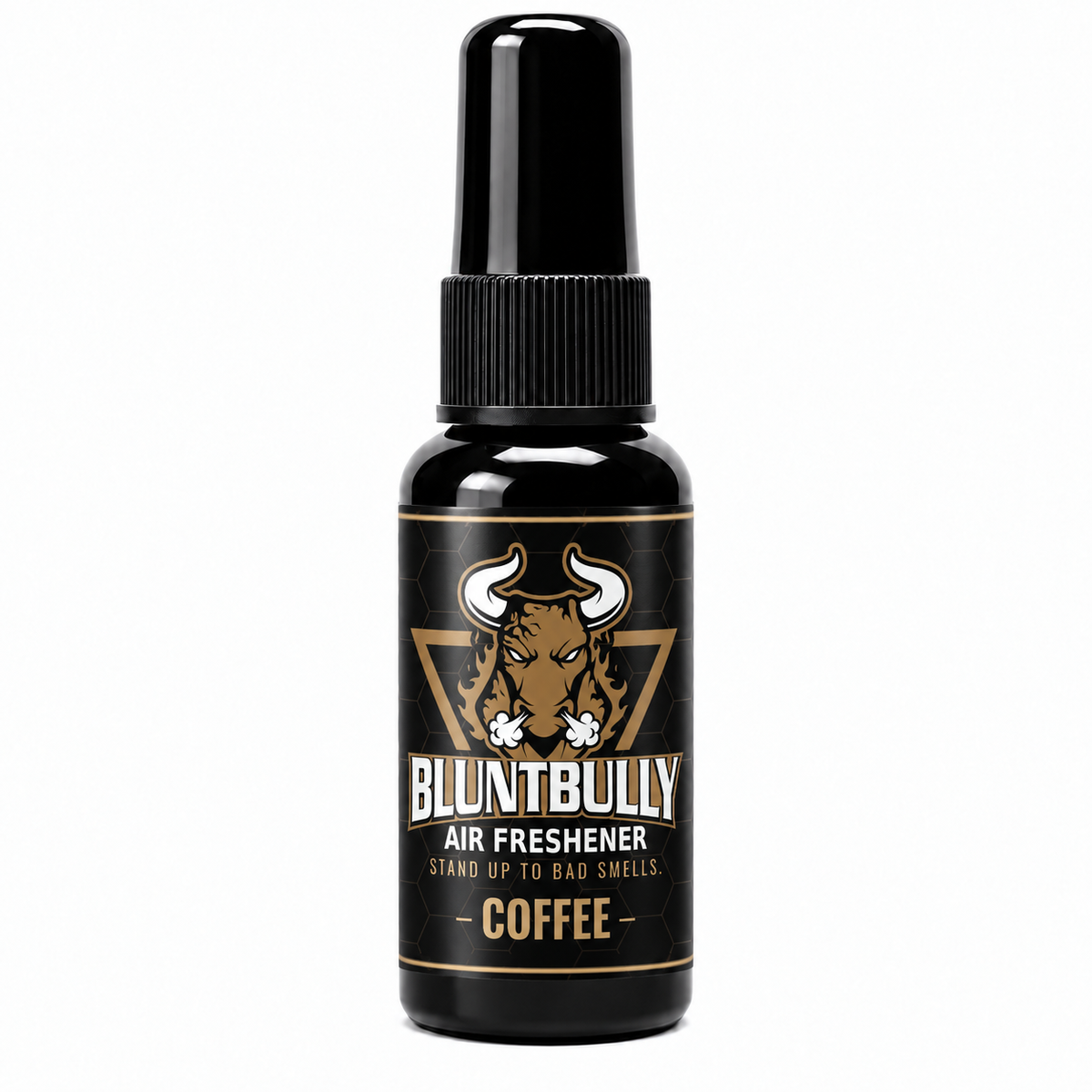 BluntBully Coffee air freshener 1 oz and 1.5 oz black spray bottle with individual scent label