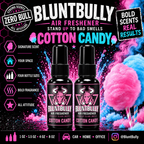 BluntBully Cotton Candy air freshener illustrated scent card with individual scent label on the bottles