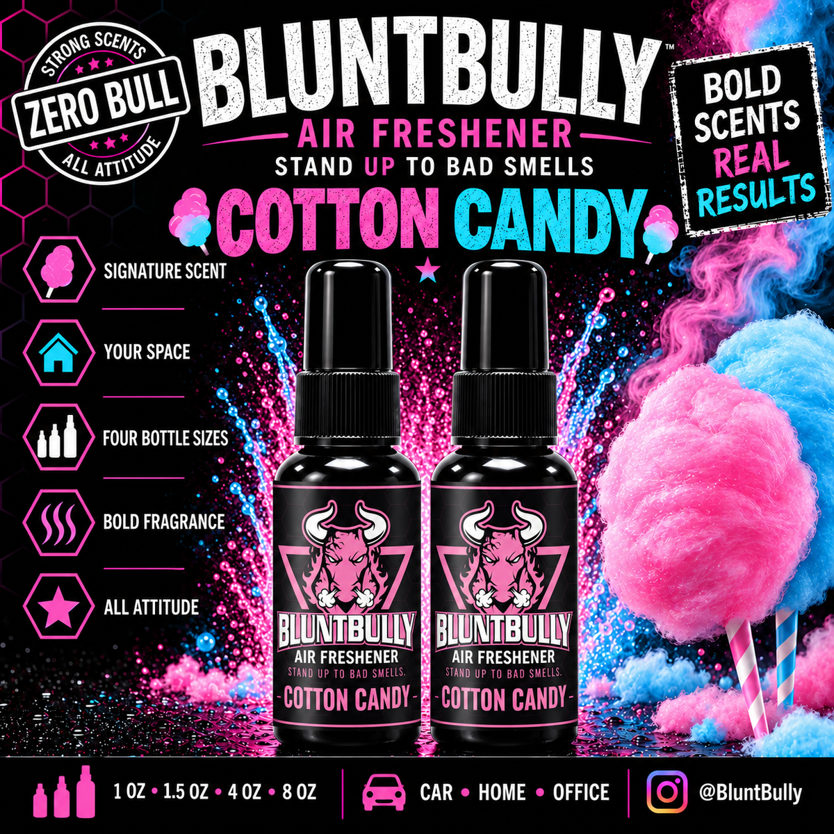 BluntBully Cotton Candy air freshener illustrated scent card with individual scent label on the bottles