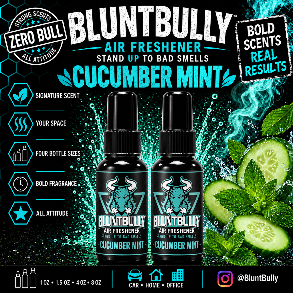 BluntBully Cucumber Mint air freshener illustrated scent card with individual scent label on the bottles