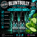 BluntBully Cucumber Mint air freshener illustrated scent card with individual scent label on the bottles