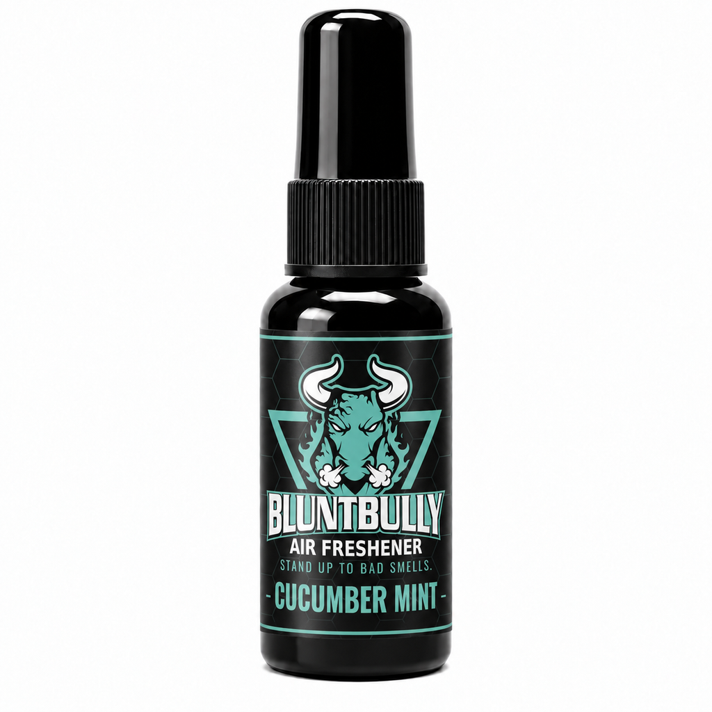 BluntBully Cucumber Mint air freshener 1 oz and 1.5 oz black spray bottle with individual scent label