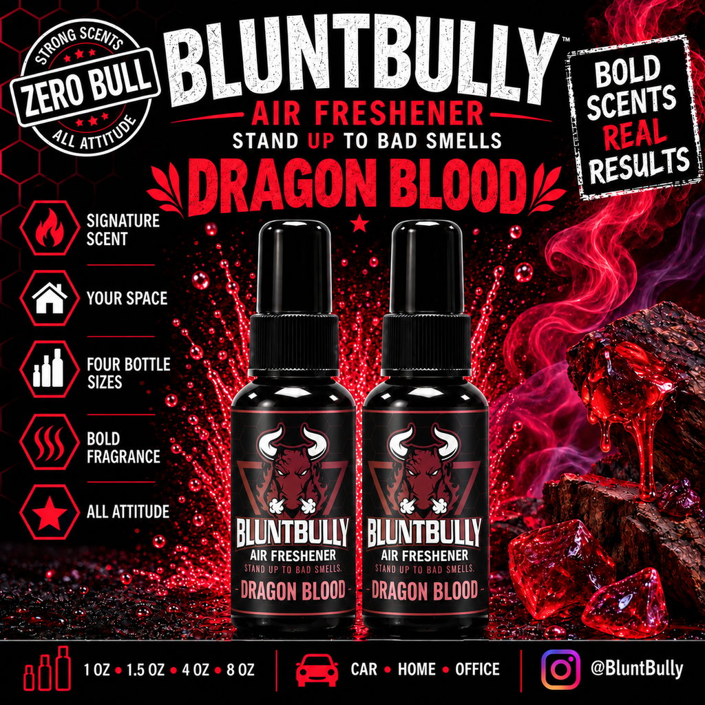 BluntBully Dragon Blood air freshener illustrated scent card with individual scent label on the bottles