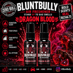 BluntBully Dragon Blood air freshener illustrated scent card with individual scent label on the bottles