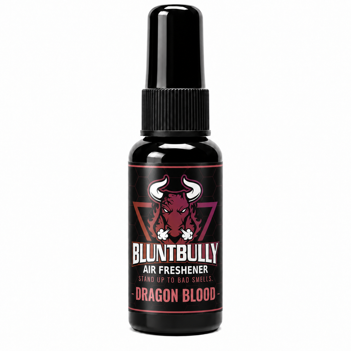 BluntBully Dragon Blood air freshener 1 oz and 1.5 oz black spray bottle with individual scent label
