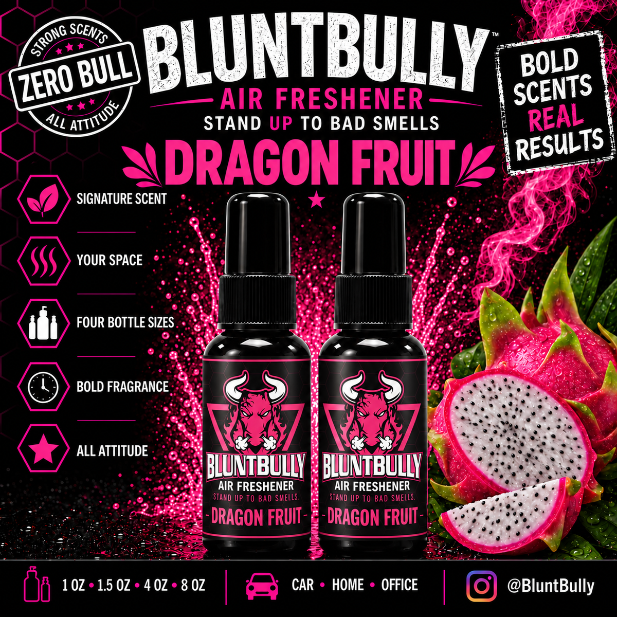 BluntBully Dragon Fruit air freshener illustrated scent card with individual scent label on the bottles