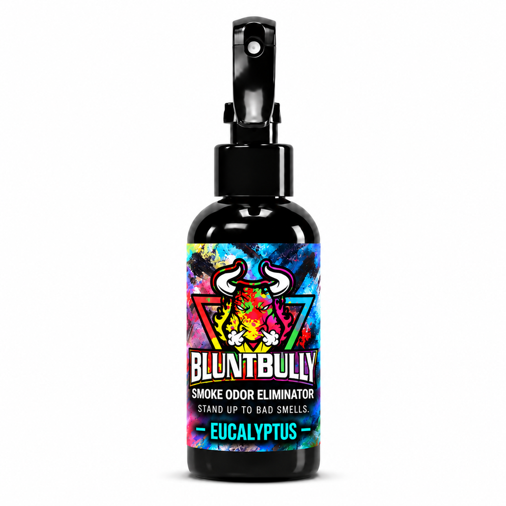 Blunt Bully Eucalyptus Smoke Odor Eliminator Spray, 4 oz black spray bottle with matching scent label on white background