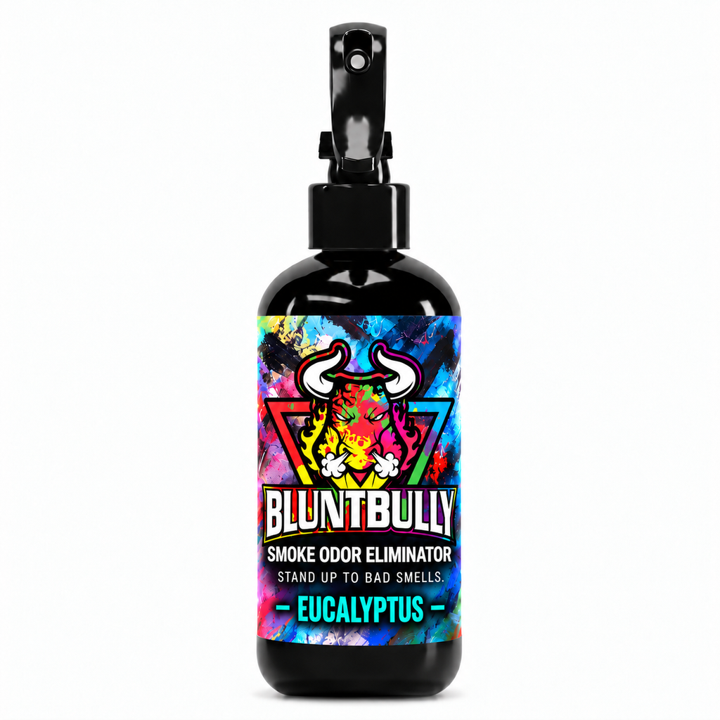 Blunt Bully Eucalyptus Smoke Odor Eliminator Spray, 8 oz black spray bottle with matching scent label on white background