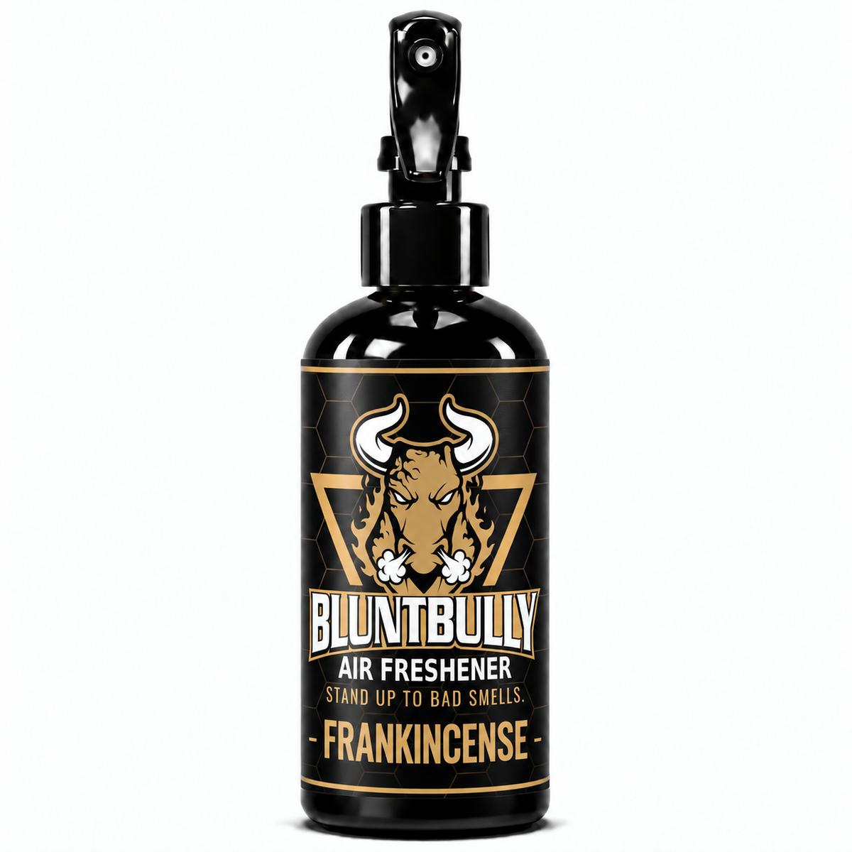 Blunt Bully Frankincense Air Freshener Spray, 8 oz black trigger spray bottle with matching scent label