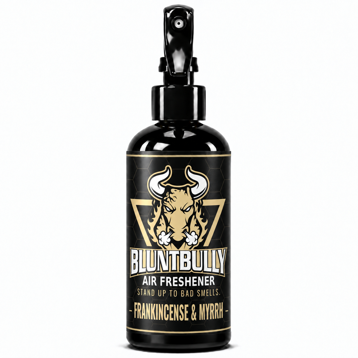 BluntBully Frankincense & Myrrh air freshener 8 oz black spray bottle with individual scent label
