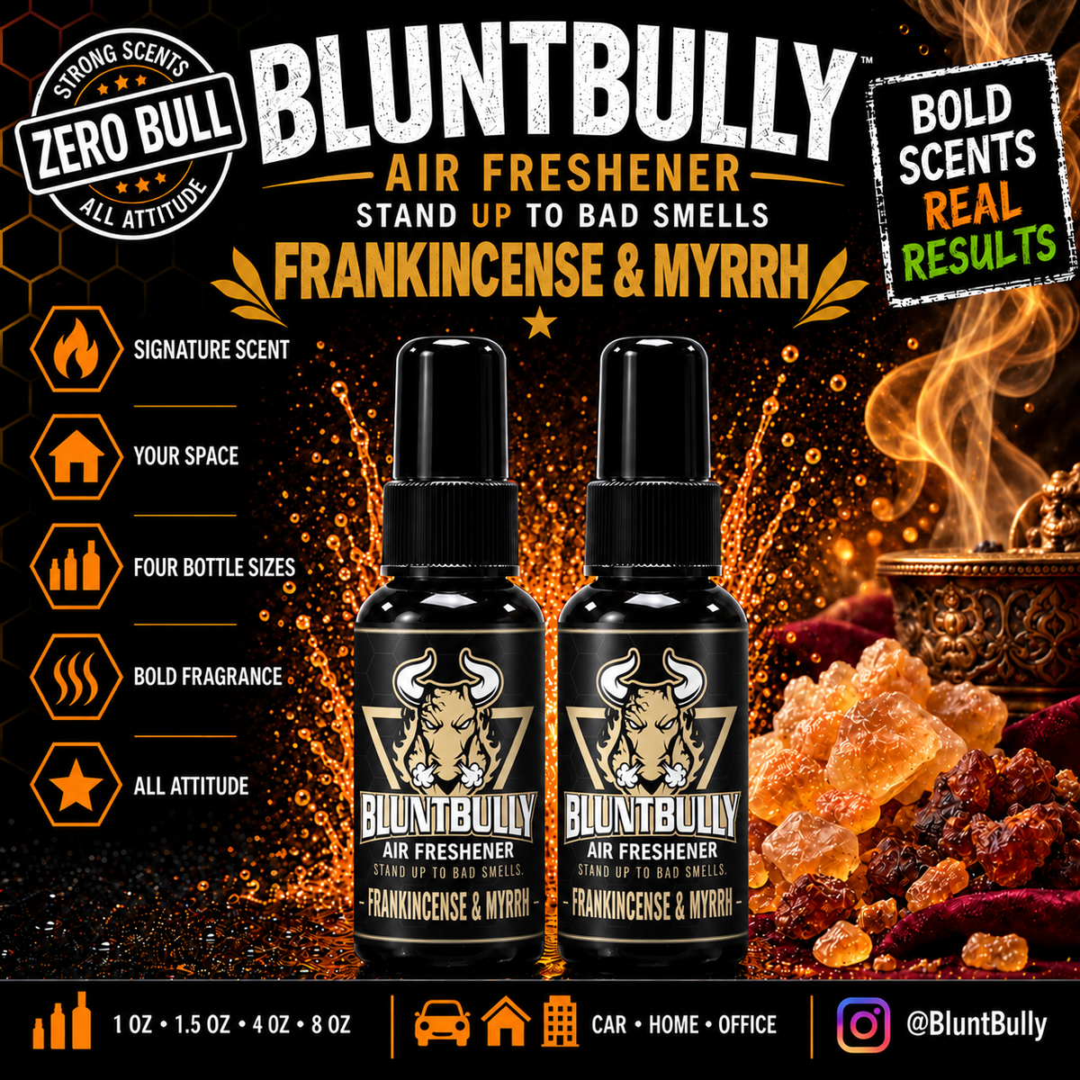 BluntBully Frankincense & Myrrh air freshener illustrated scent card with individual scent label on the bottles