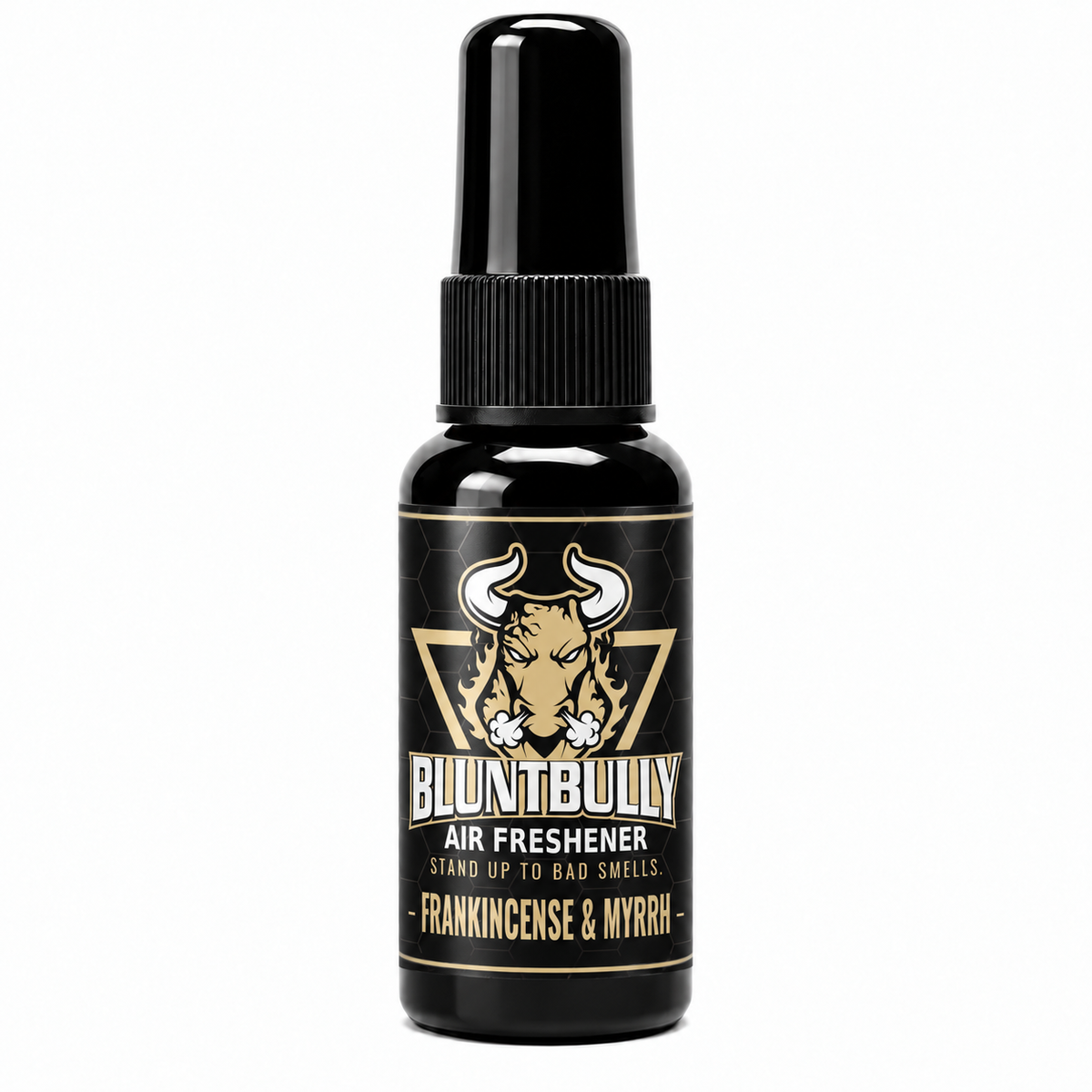 BluntBully Frankincense & Myrrh air freshener 1 oz and 1.5 oz black spray bottle with individual scent label