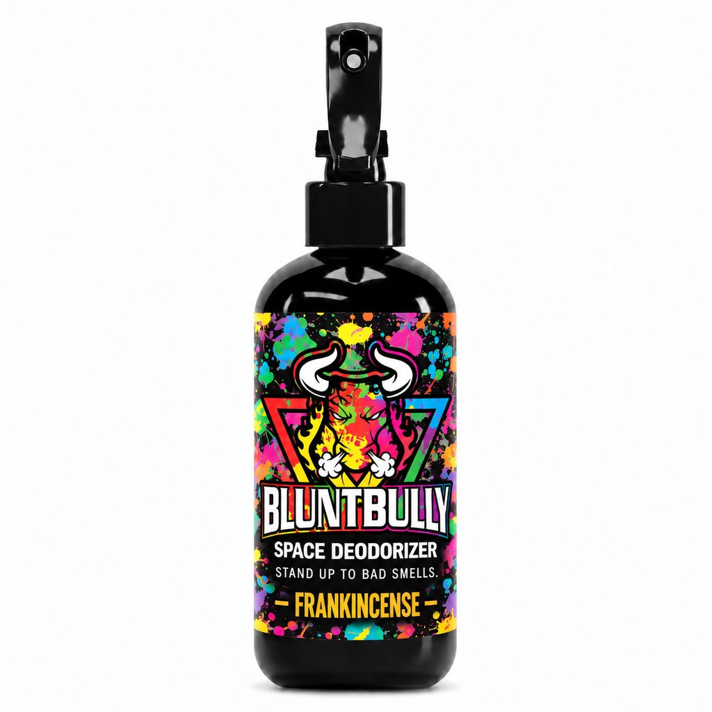 Blunt Bully Frankincense Space Deodorizer Spray, 8 oz black spray bottle with matching scent label on white background