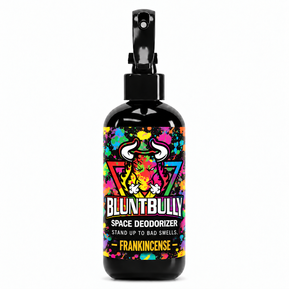 Blunt Bully Frankincense Space Deodorizer Spray, 8 oz black spray bottle with matching scent label on white background