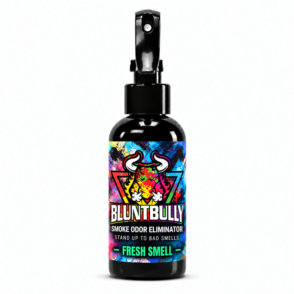 Blunt Bully Fresh Smell Smoke Odor Eliminator Spray, 4 oz black spray bottle with matching scent label on white background
