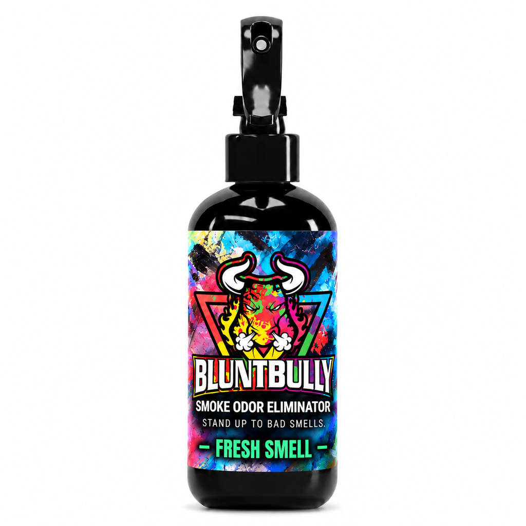 Blunt Bully Fresh Smell Smoke Odor Eliminator Spray, 8 oz black spray bottle with matching scent label on white background
