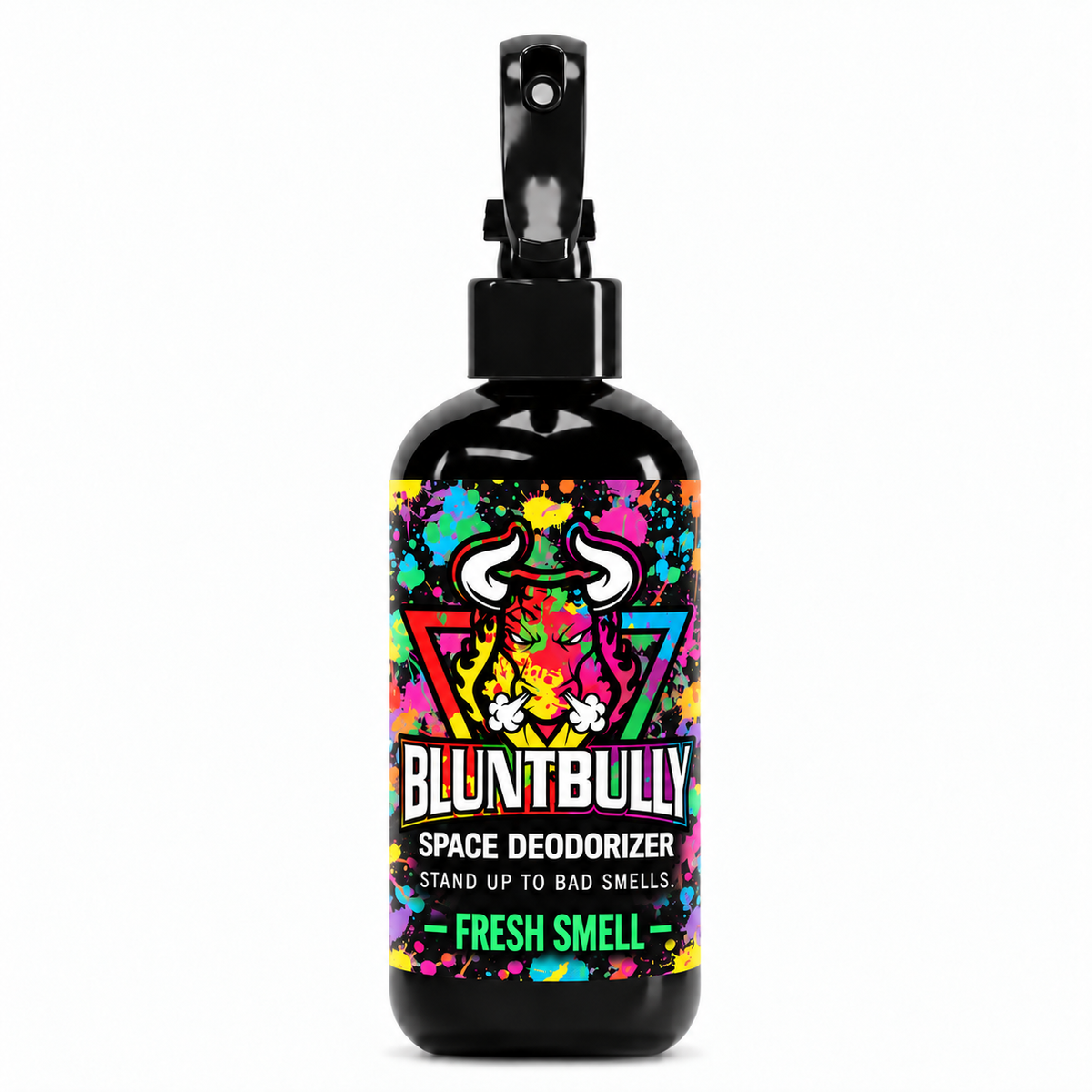 Blunt Bully Fresh Smell Space Deodorizer Spray, 8 oz black spray bottle with matching scent label on white background
