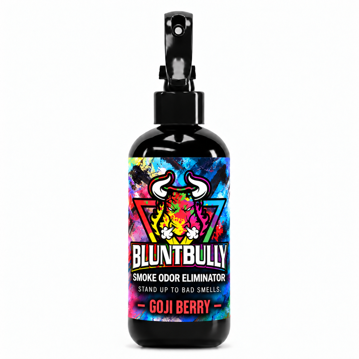 Blunt Bully Goji Berry Smoke Odor Eliminator Spray, 8 oz black spray bottle with matching scent label on white background