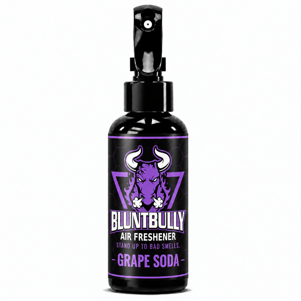 Blunt Bully Grape Soda Air Freshener Spray, 4 oz black trigger spray bottle with matching scent label