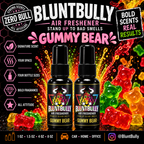 BluntBully Gummy Bear air freshener illustrated scent card with individual scent label on the bottles