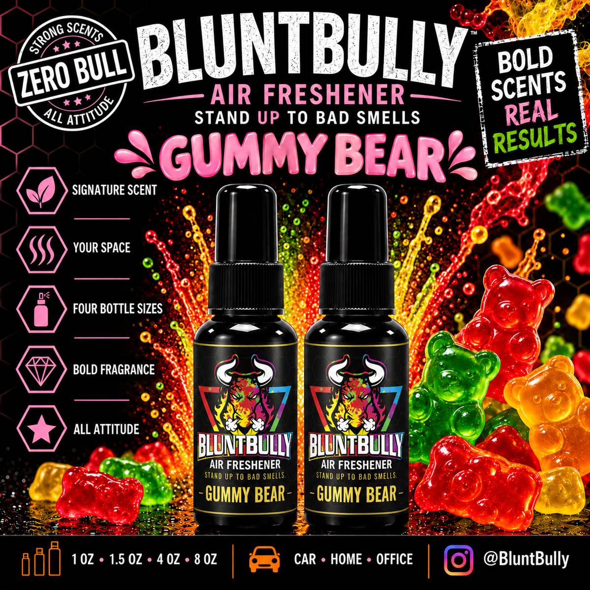 BluntBully Gummy Bear air freshener illustrated scent card with individual scent label on the bottles
