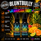 BluntBully Jamaican Fruit air freshener illustrated scent card with individual scent label on the bottles