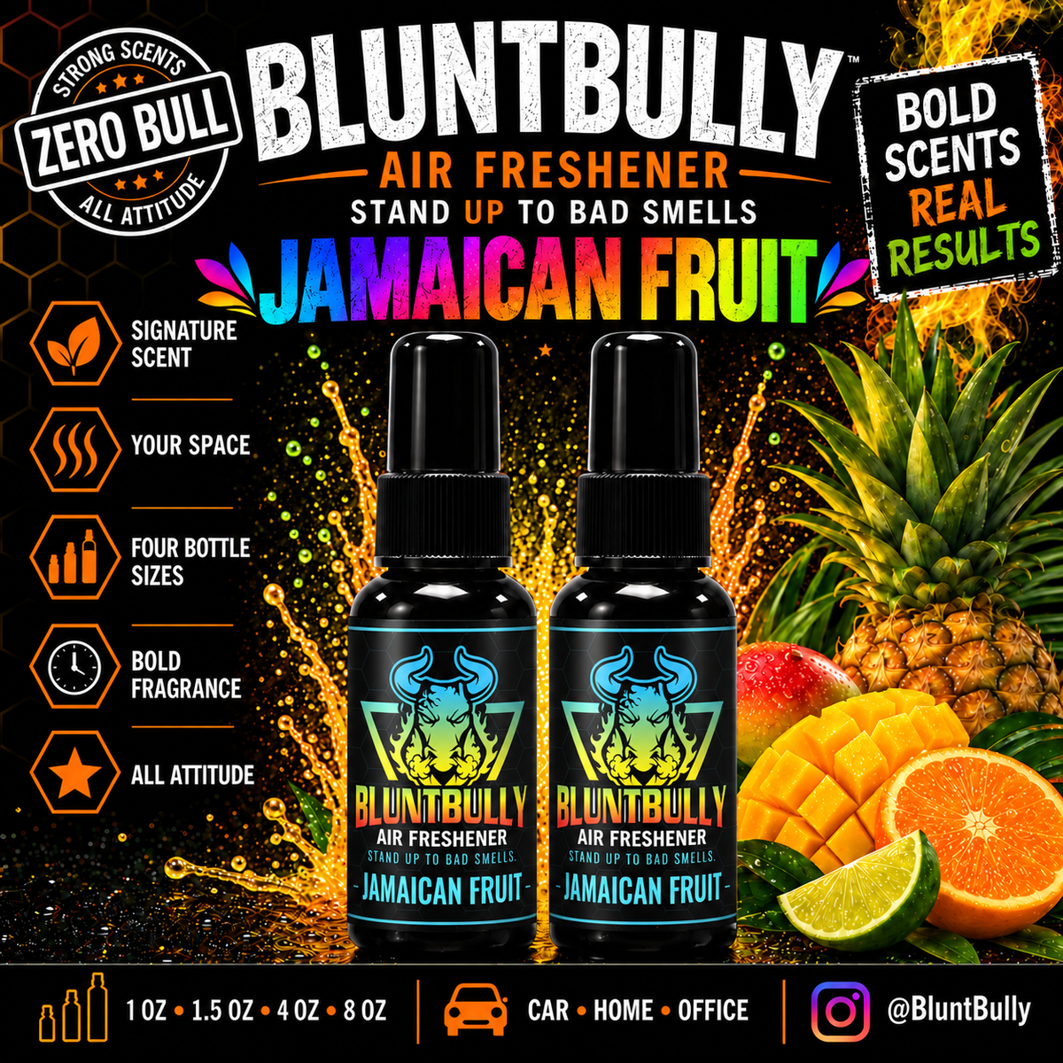 BluntBully Jamaican Fruit air freshener illustrated scent card with individual scent label on the bottles