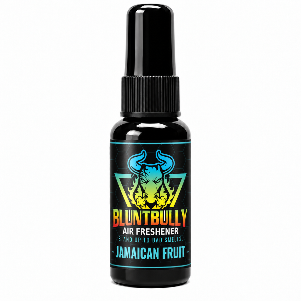 BluntBully Jamaican Fruit air freshener 1 oz and 1.5 oz black spray bottle with individual scent label