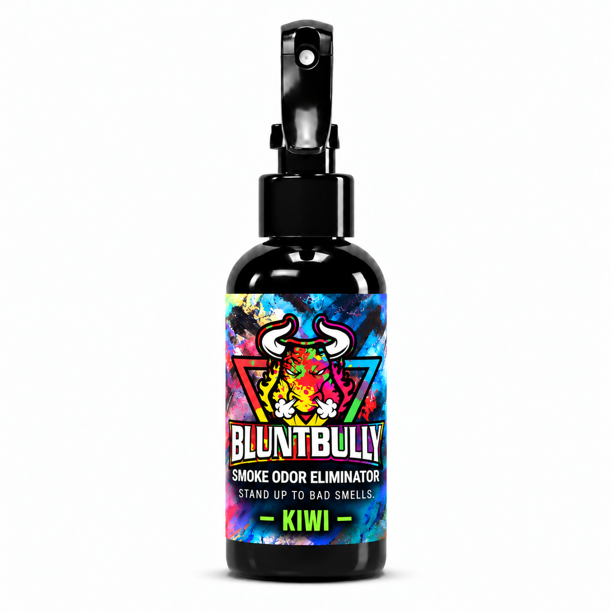 Blunt Bully Kiwi Smoke Odor Eliminator Spray, 4 oz black spray bottle with matching scent label on white background