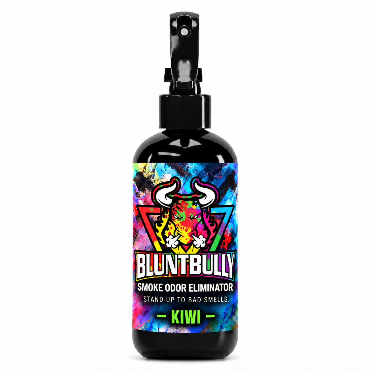 Blunt Bully Kiwi Smoke Odor Eliminator Spray, 8 oz black spray bottle with matching scent label on white background