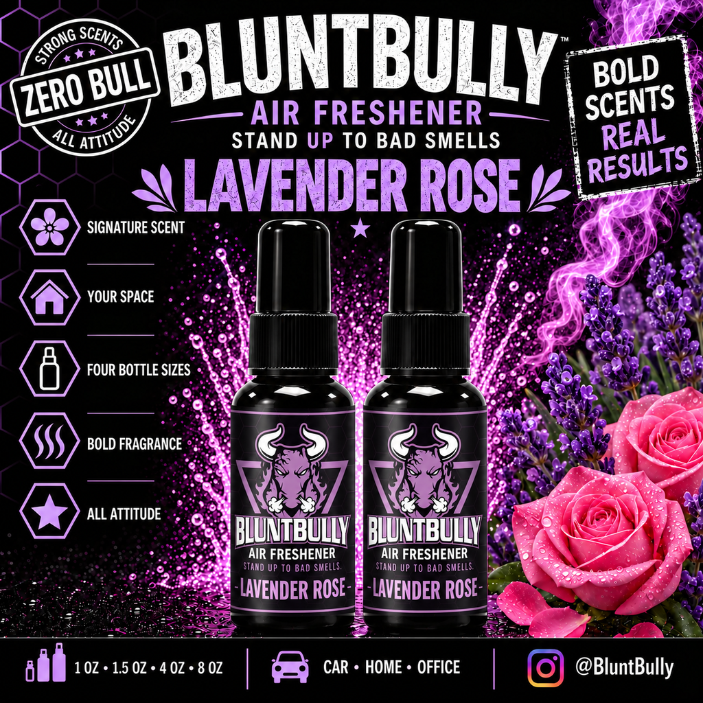 BluntBully Lavender Rose air freshener illustrated scent card with individual scent label on the bottles