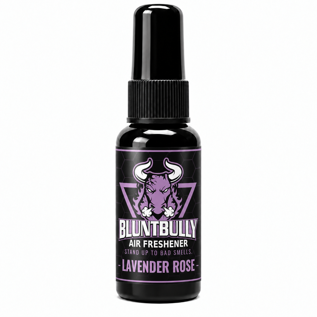 BluntBully Lavender Rose air freshener 1 oz and 1.5 oz black spray bottle with individual scent label