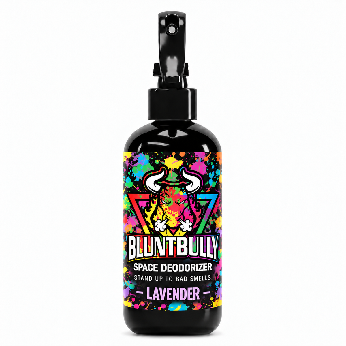 Blunt Bully Lavender Space Deodorizer Spray, 8 oz black spray bottle with matching scent label on white background