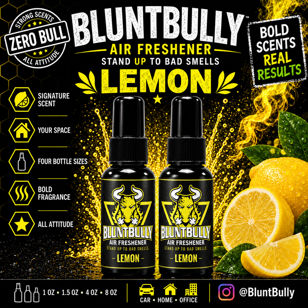 BluntBully Lemon air freshener illustrated scent card with individual scent label on the bottles