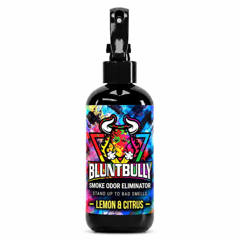 Blunt Bully Lemon & Citrus Smoke Odor Eliminator Spray, 8 oz black spray bottle with matching scent label on white background