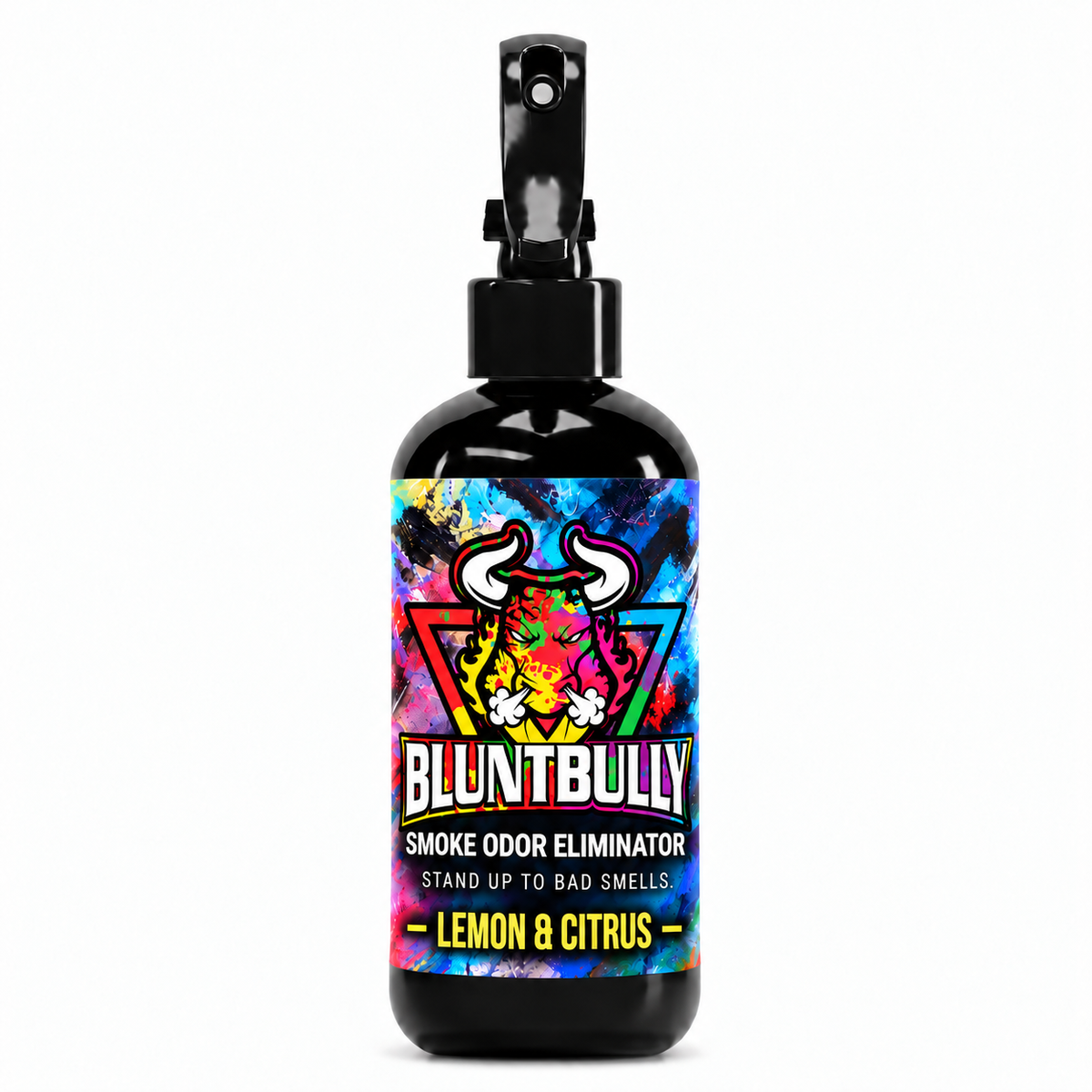 Blunt Bully Lemon & Citrus Smoke Odor Eliminator Spray, 8 oz black spray bottle with matching scent label on white background