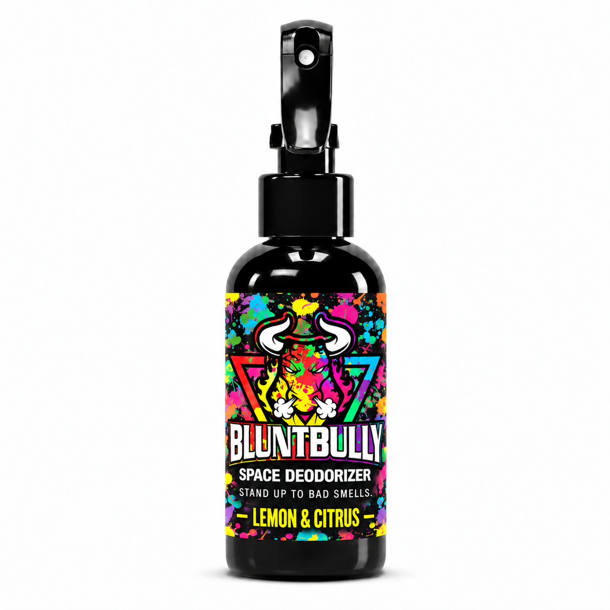 Blunt Bully Lemon & Citrus Space Deodorizer Spray, 4 oz black spray bottle with matching scent label on white background